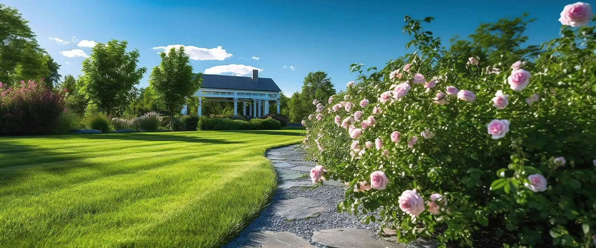Landscape-design Residential house with healthy front yard lawn care and landscaping design.